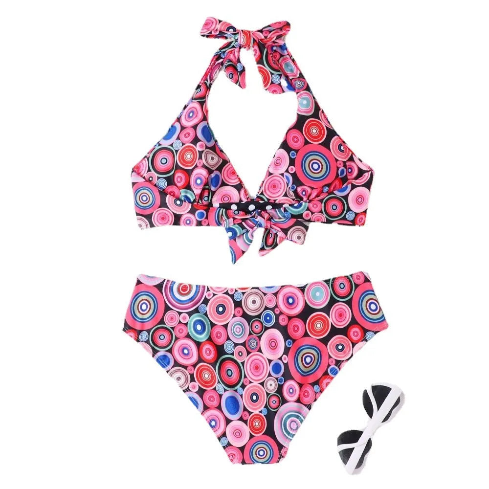 Women's printed high waist split bikini suit in floral pattern, polyester spandex, sizes S to 2XL
