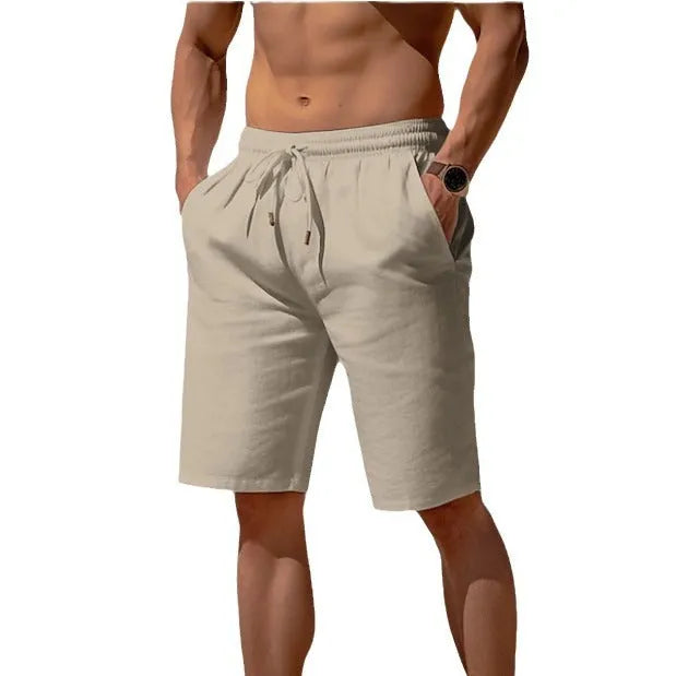Men's cotton linen drawstring summer shorts with elastic waist and straight leg in solid colour