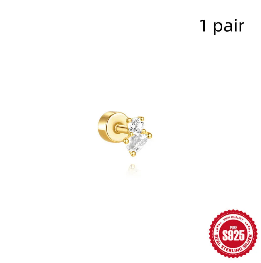 S925 sterling silver geometric flat column thread ear bone studs in gold plating.