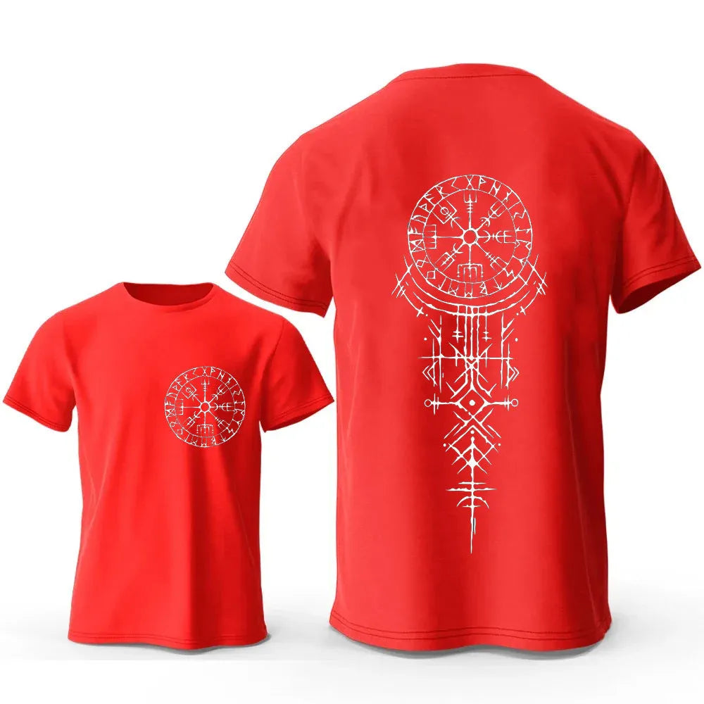 A man's grey cotton T-shirt with a printed Viking Rune Compass design on the chest.