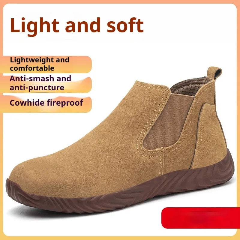 Men's steel toe cap safety shoes, suede leather upper, anti-smashing anti-piercing, mid top, 001 camel colour