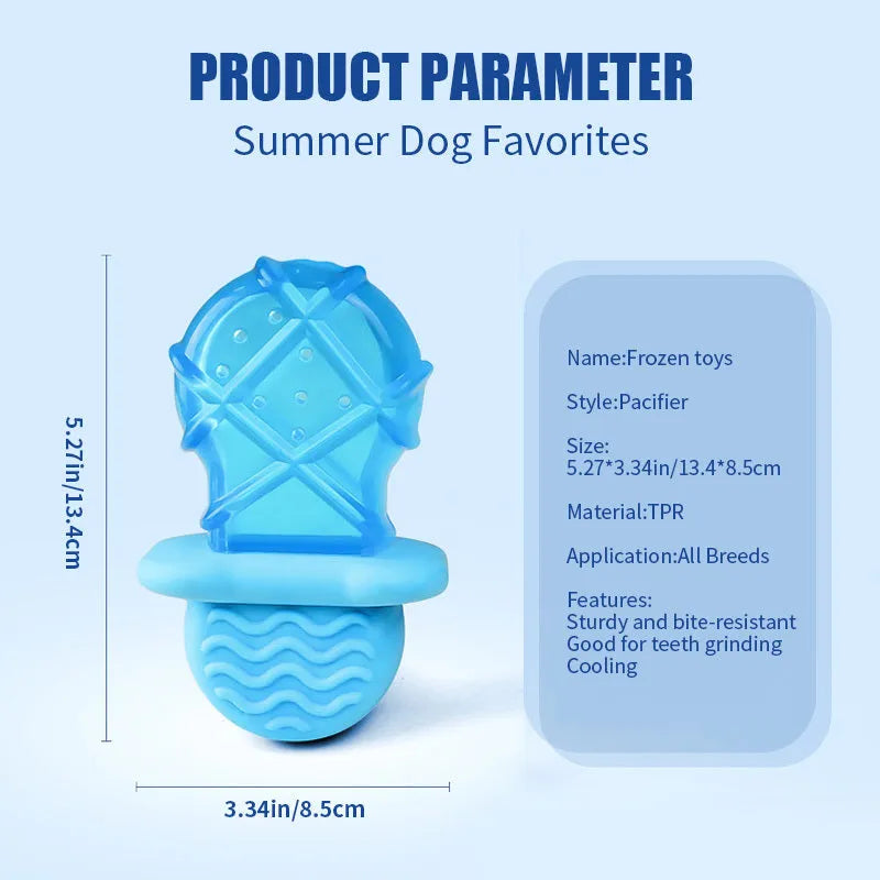 Assorted dog cooling toys including water-filled popsicles, silicone pacifier chews, and rope-attached ring in bright colours