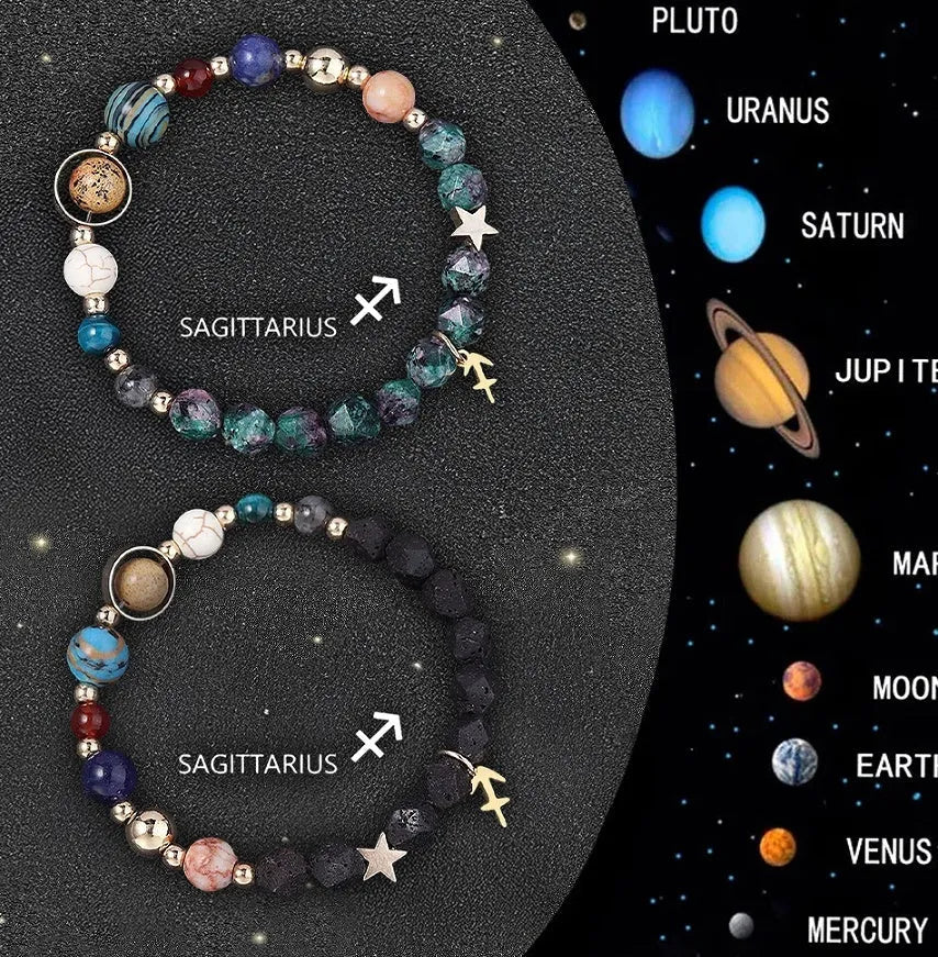 Two natural stone beaded bracelets with zodiac sign charms on a wooden surface.