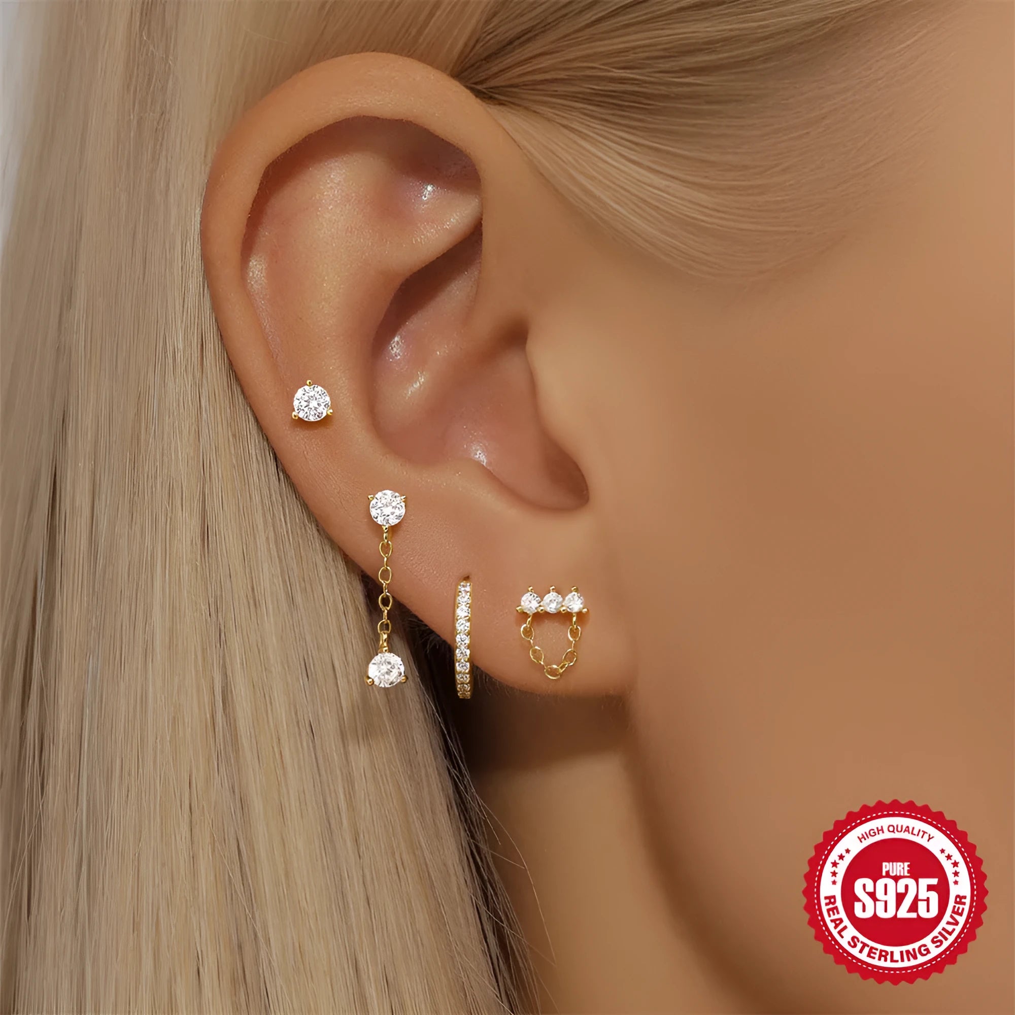 S925 sterling silver clover petal earrings with electroplated gold colour finishes