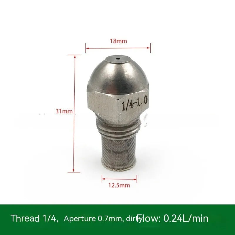 304 stainless steel two-point industrial spray nozzle with external thread and filter screen for atomisation.