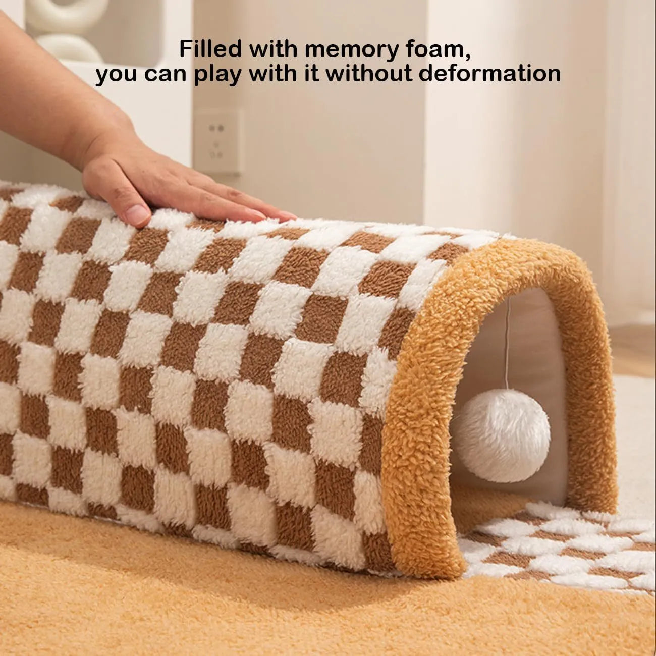 XL fan-shaped plush pet bed tunnel for dogs and cats in yellow plaid colour with anti-slip bottom.