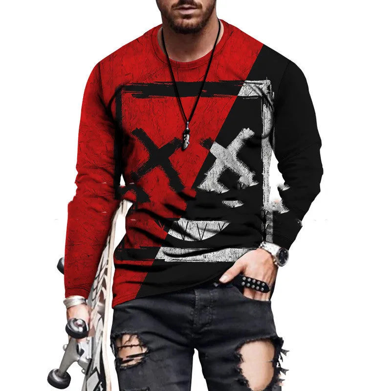 Colour block printed men's top with round neck in polyester blend fabric, digital print pattern