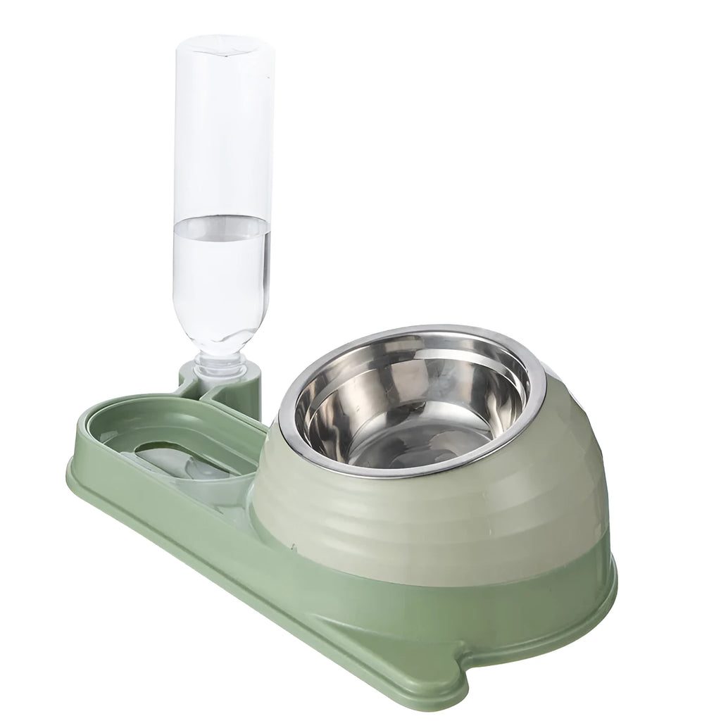 Elevated cat food bowl with water dispenser bottle in brown colour
