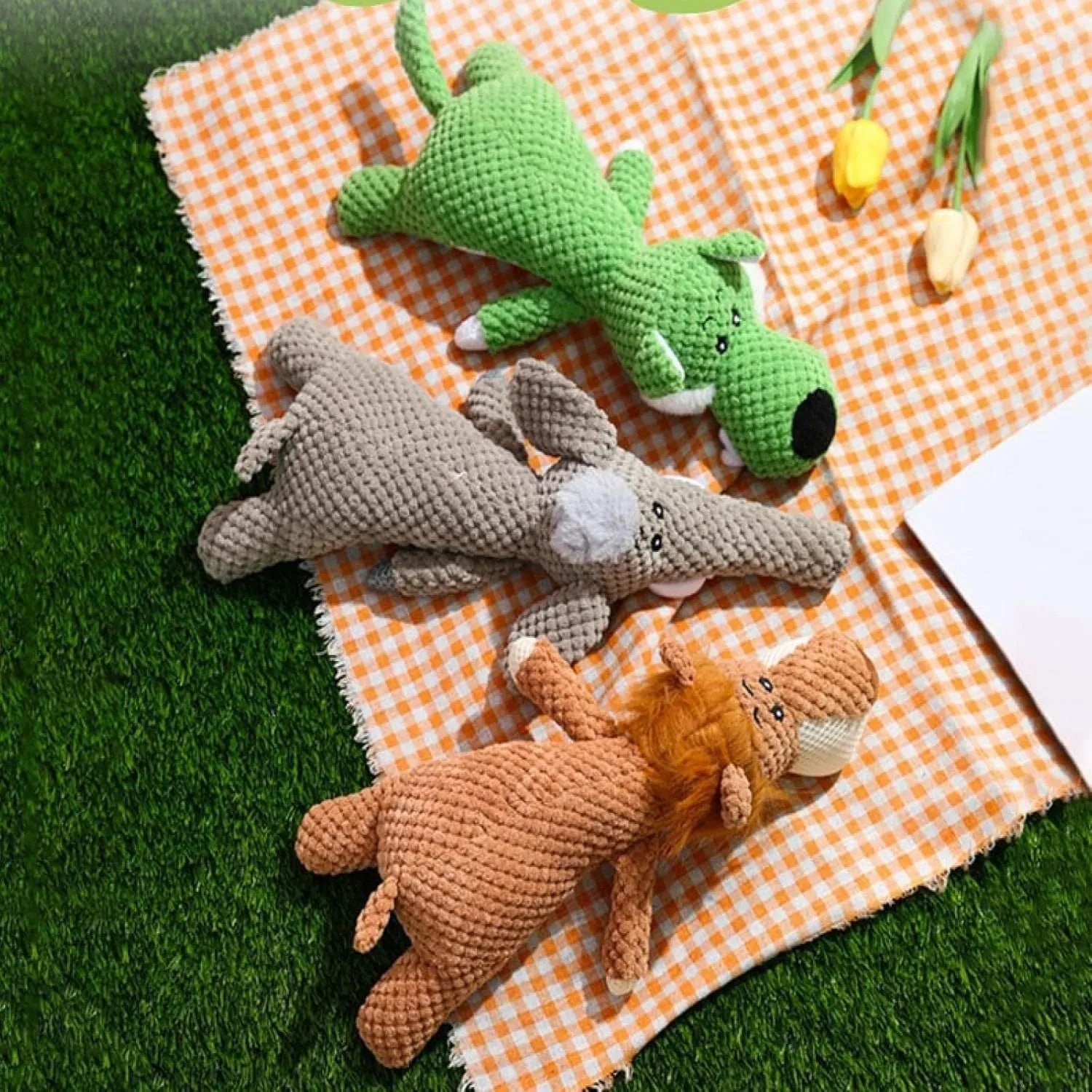 Colourful plush dog chew toy with corn kernel texture and animal shape for teeth grinding and interactive play.