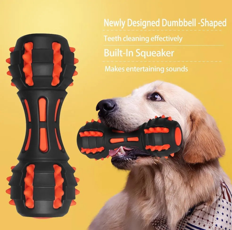Red dumbbell-shaped rubber dog chew toy for medium and large breeds.