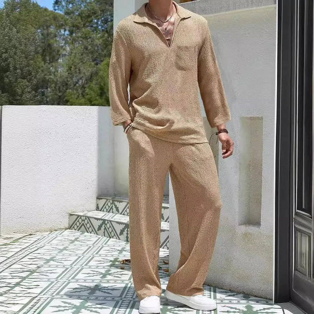 Men's casual polyester shirt trousers suit in black, caramel, khaki or lake blue colours with shirt jacket design