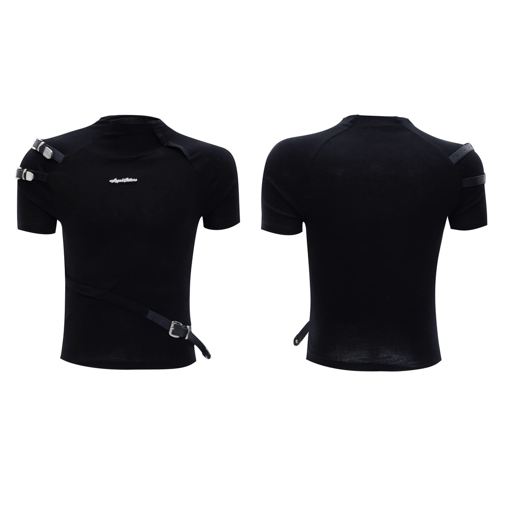 Men's slim fit cotton T-shirt with metal belt design and small stand-up collar