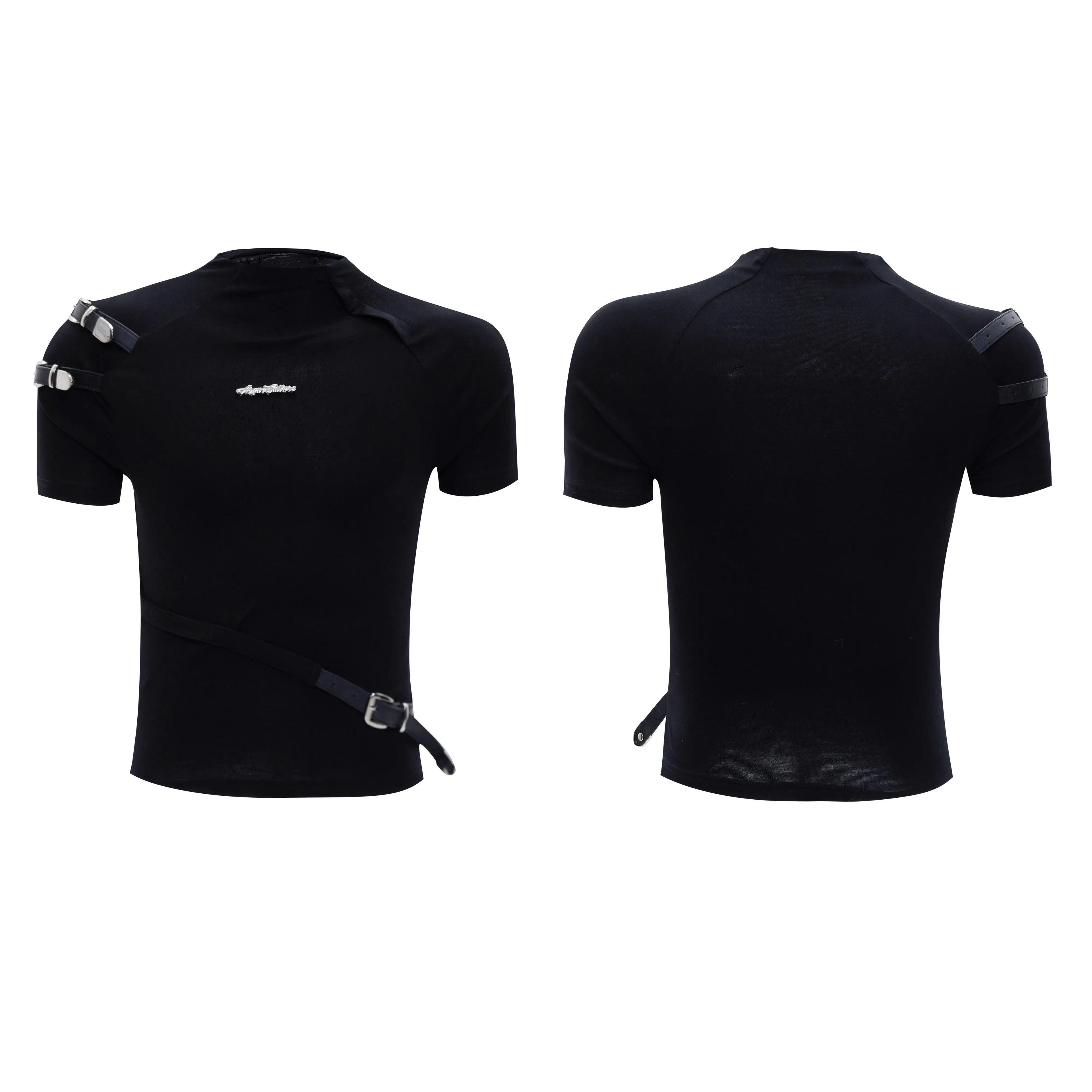 Men's slim fit cotton T-shirt with metal belt design and small stand-up collar