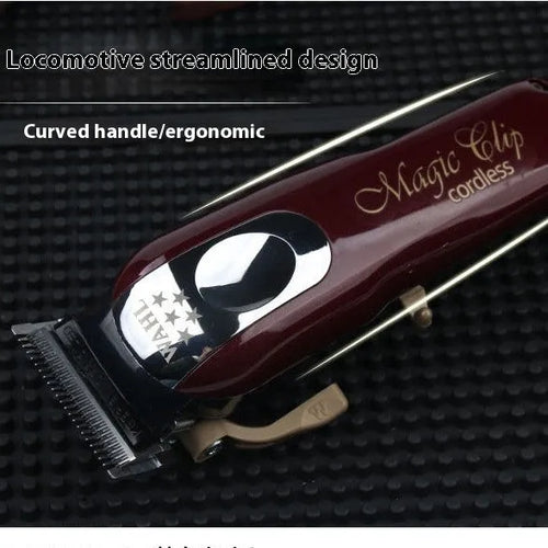 Cordless hair clipper set with stainless steel cutter head, shown with EU, UK, and US plug options.