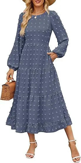 Women's long sleeve dress with high waist and ruffled sleeves in autumn colours