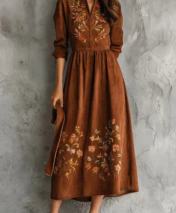 Brown floral embroidered suede-effect polyester midi dress in vintage leisure style