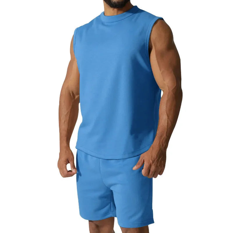 Men's sleeveless cotton blend sports top and matching shorts casual set in army green.