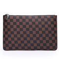 Men's soft PU leather clutch wallet open showing six card slots, bill slots, and a zipper pocket