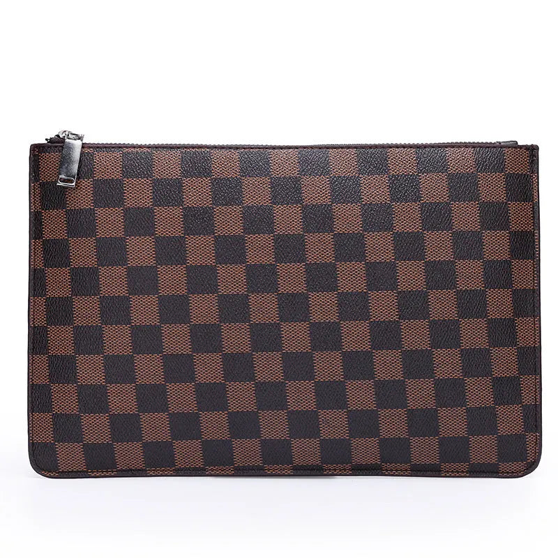 Men's soft PU leather clutch wallet open showing six card slots, bill slots, and a zipper pocket