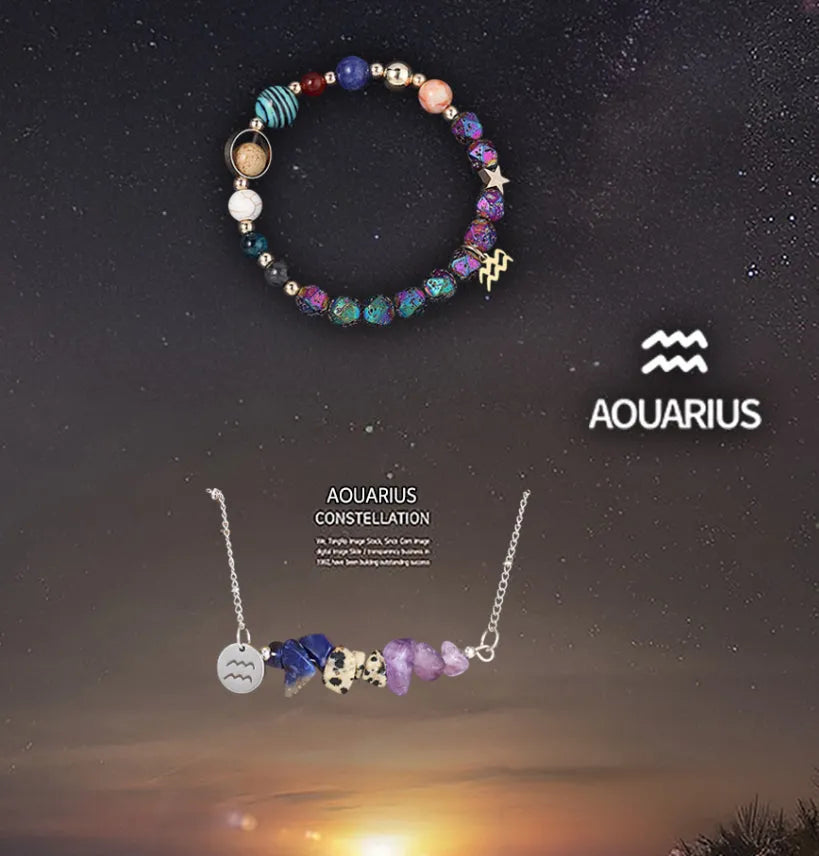 Natural stone necklace and bracelet set on display showing zodiac sign style options