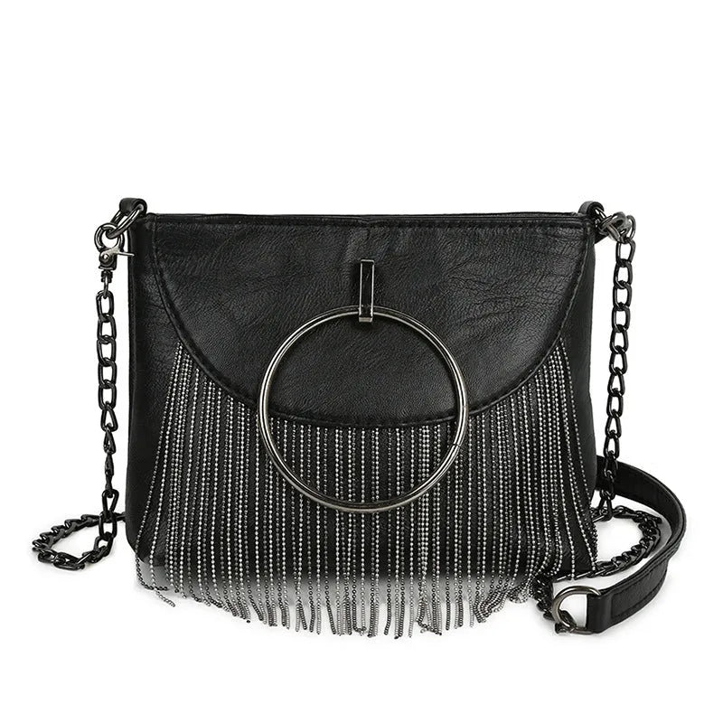 Women's rivet tassel chain crossbody bag PU cotton lining 18x6x13 cm Style 1 and Style 2