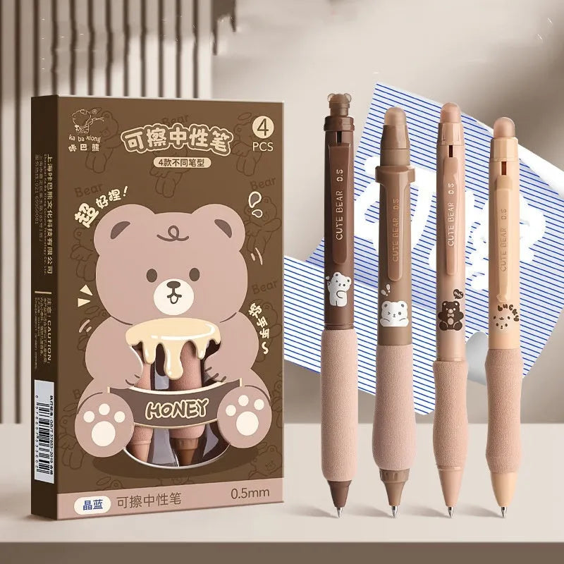 Cartoon-themed erasable gel pen with 0.5mm tip showing character designs and black or blue ink options