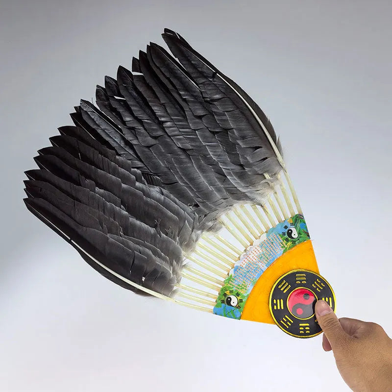 Handmade Chinese goose feather craft fan with integrated lens in graphic colour