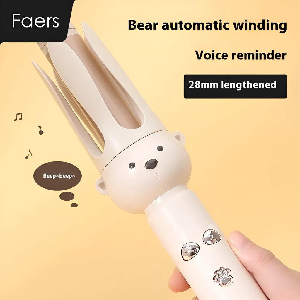 Beige anion automatic hair curler with wired power cord and included hair stick on a white background.