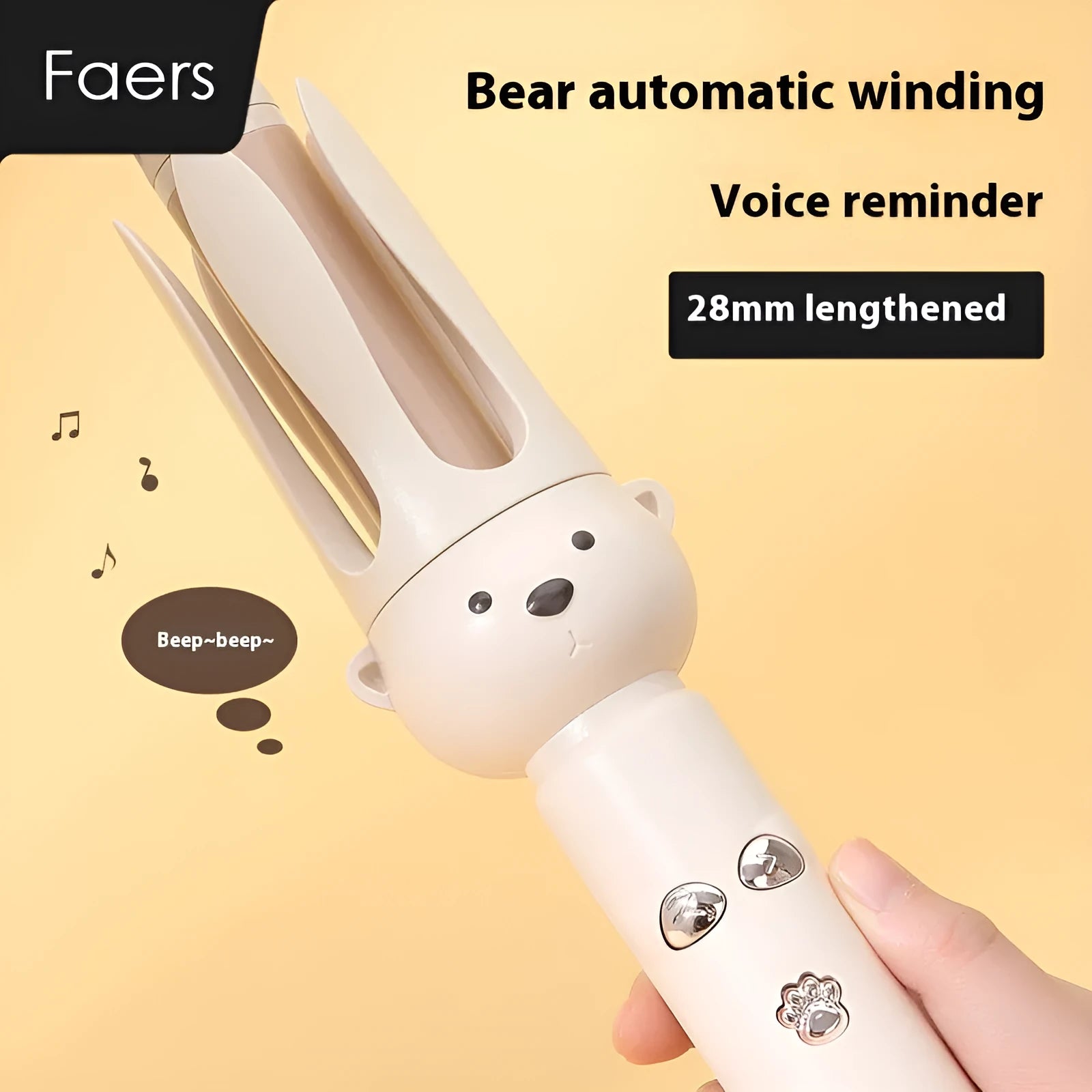 Beige anion automatic hair curler with wired power cord and included hair stick on a white background.