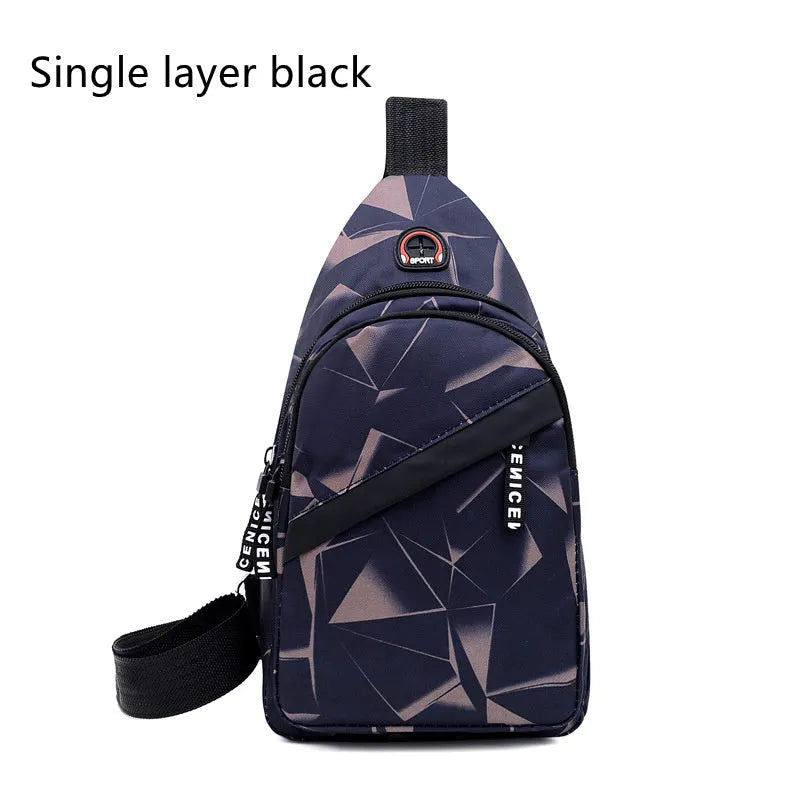 Blue Oxford cloth crossbody sling bag with earphone hole and zipper pocket.
