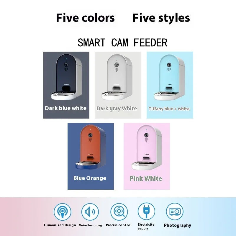Smart automatic pet feeder with smartphone app control and transparent food container.