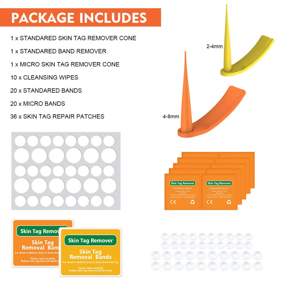Orange-yellow wart removal tool kit with two handheld devices, rubber rings, alcohol swabs, and a repair sticker.