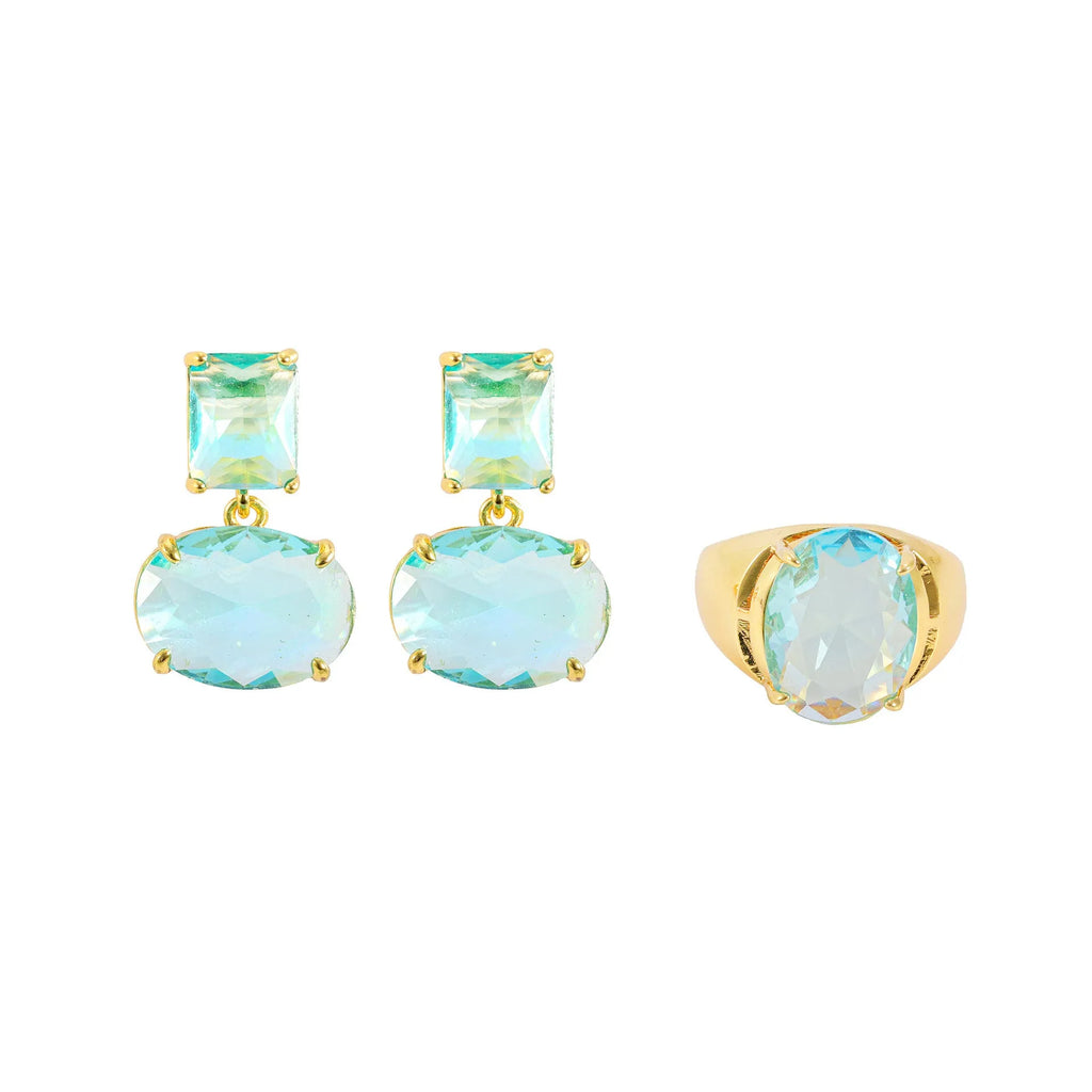 Crystal geometric ellipse earrings in golden blue with real gold plating and glass pendant on copper base