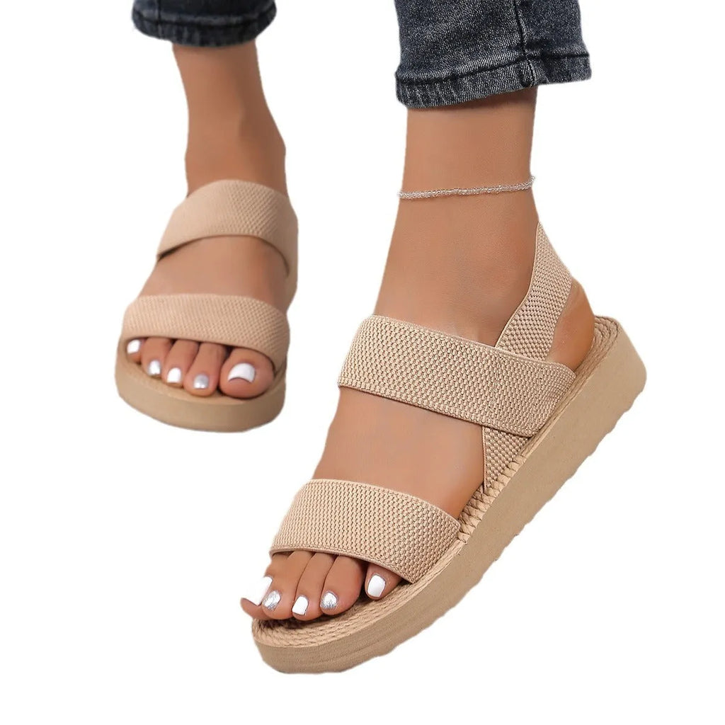 Women's flat wedge sandals, elastic upper, round toe, EVA sole, multiple colours, sizes 36-42