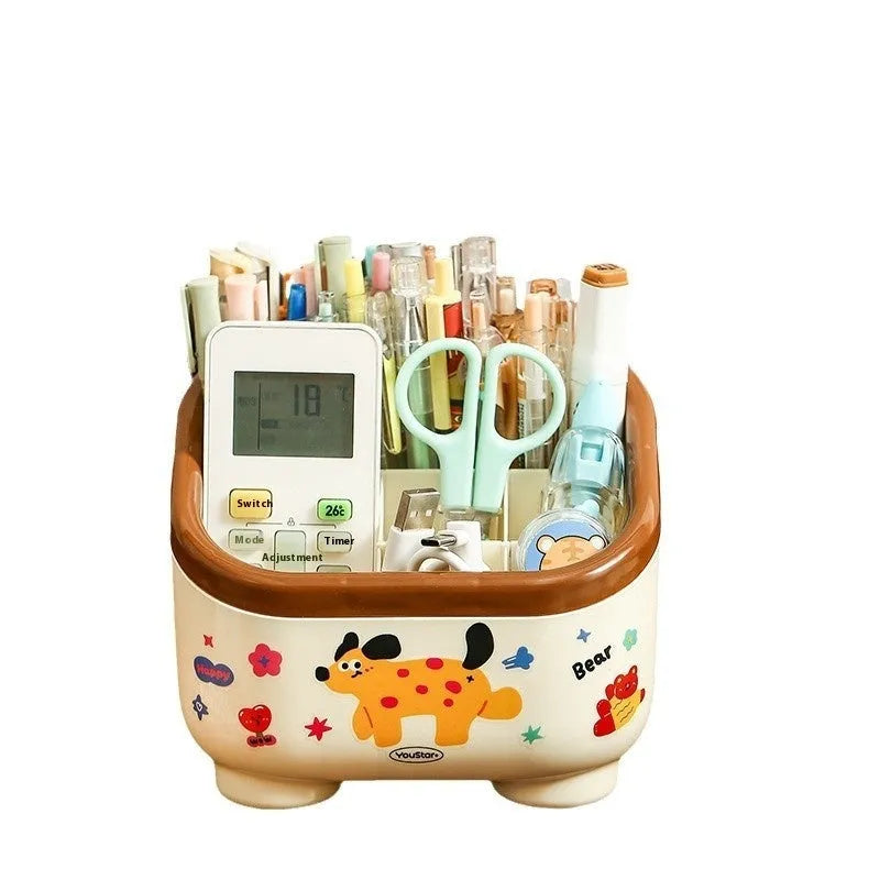 Cartoon-style red and brown plastic desktop storage box with grid compartments for organising pens and stationery.