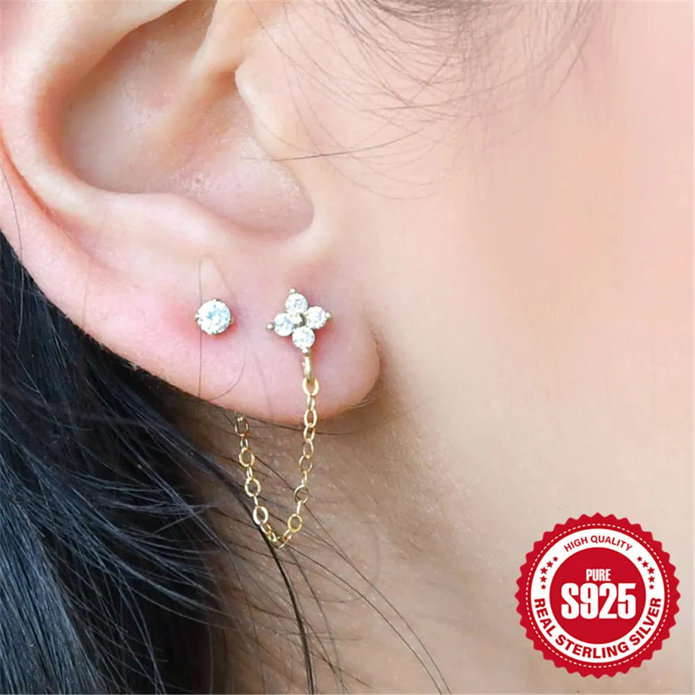 S925 sterling silver geometric ear clip stud earrings with flower and tassel design in electroplated gold colour
