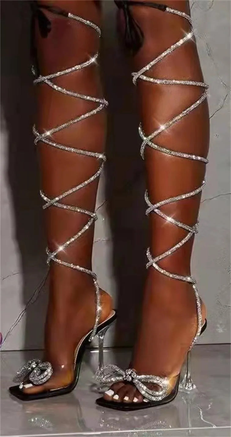 Plus size women's strappy sandals with rhinestone straps and square toe in three colour options