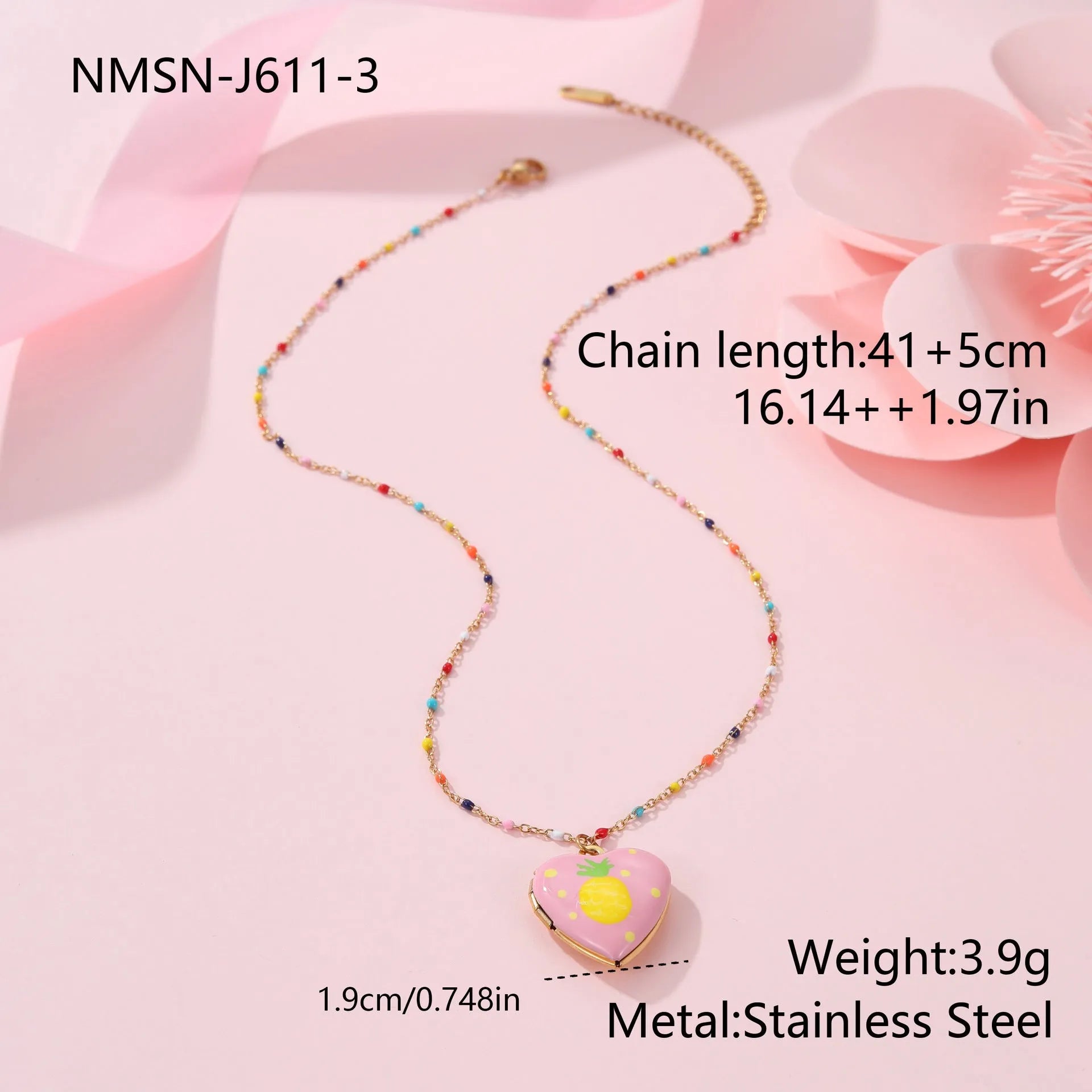Stainless steel fruit pendant necklace with 18K gold plating and adjustable 41-50cm chain