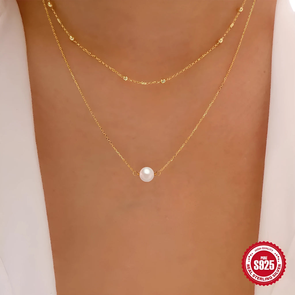 S925 sterling silver double layer twin pearl necklace in geometric design with ball bead chain