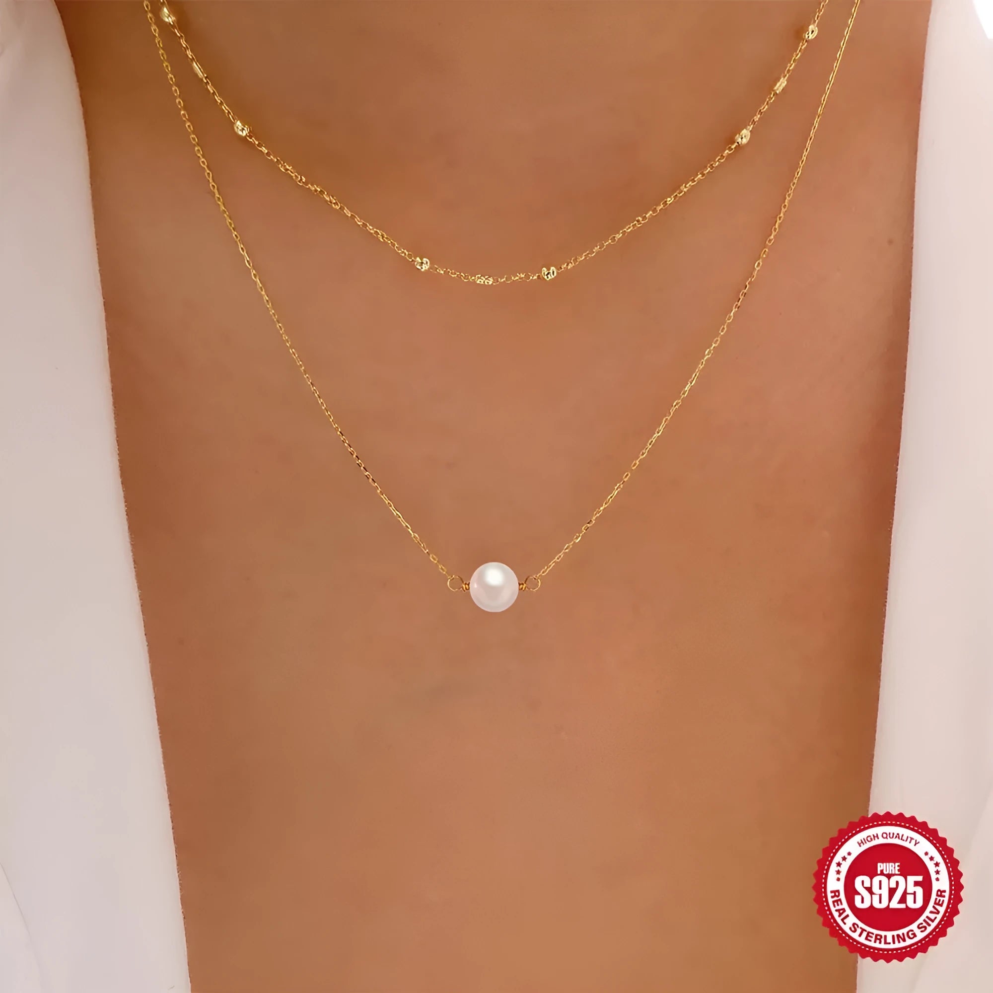 S925 sterling silver double layer twin pearl necklace in geometric design with ball bead chain