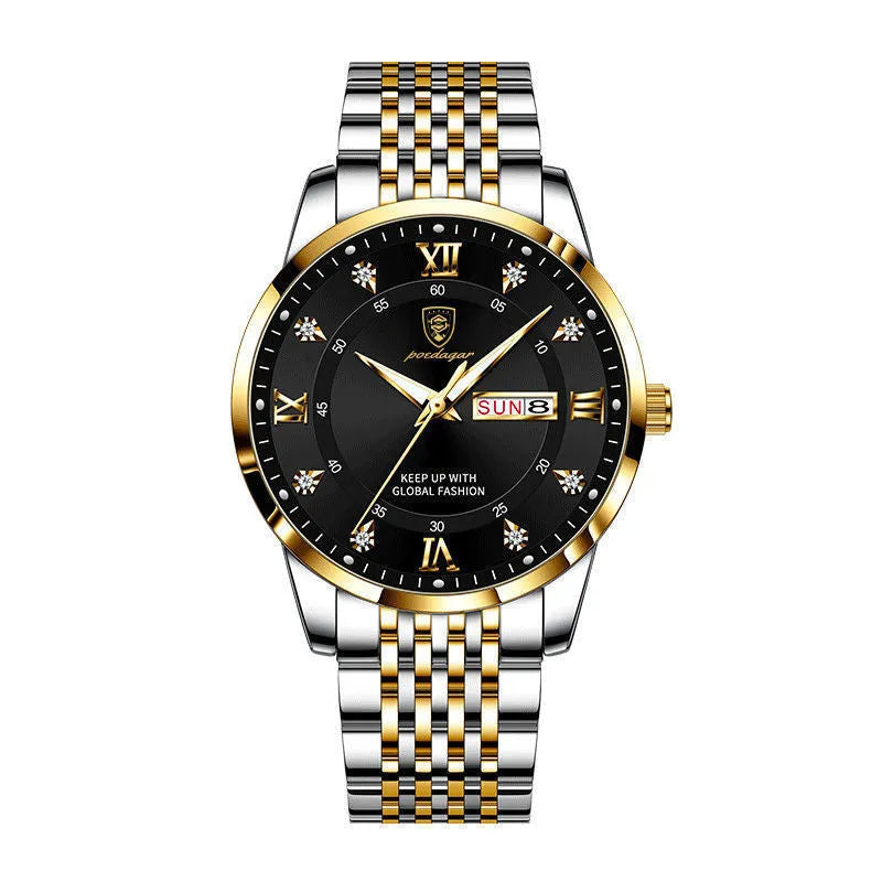 Men's quartz watch with 43mm round dial, sapphire crystal, stainless steel strap, blue face, luminous hands and calendar display