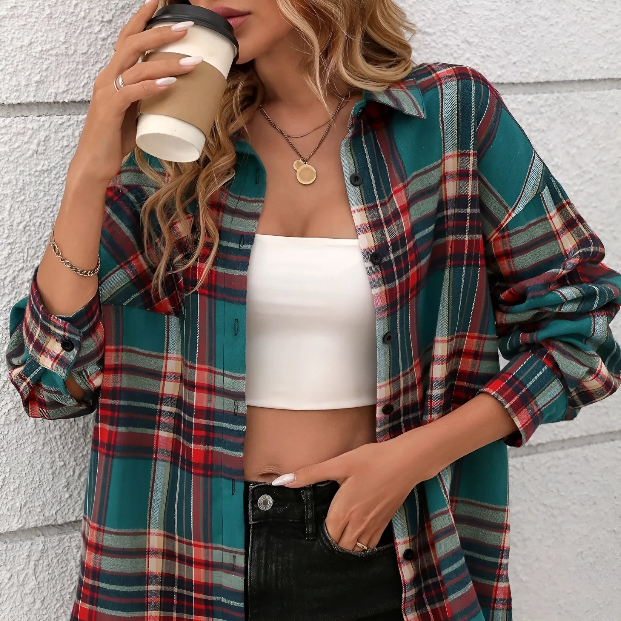 Women's casual cotton loose retro plaid shirt with long sleeves in black, green or purple