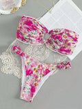 Floral print lace trim bikini set in blue colour, European style swimwear