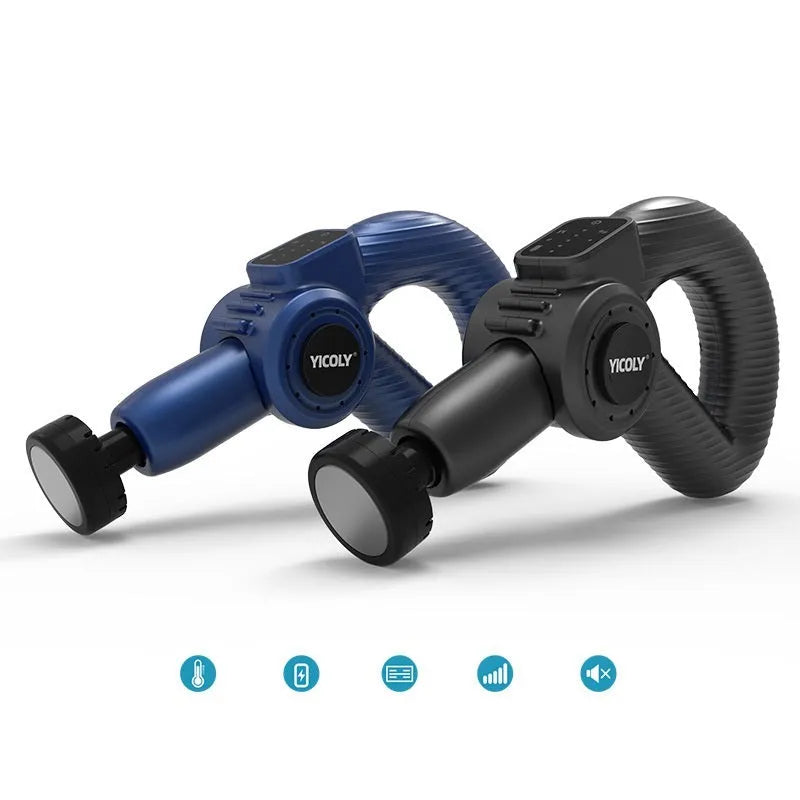 Black smart muscle massage gun with five attached heads for hot, ice, and percussion therapy