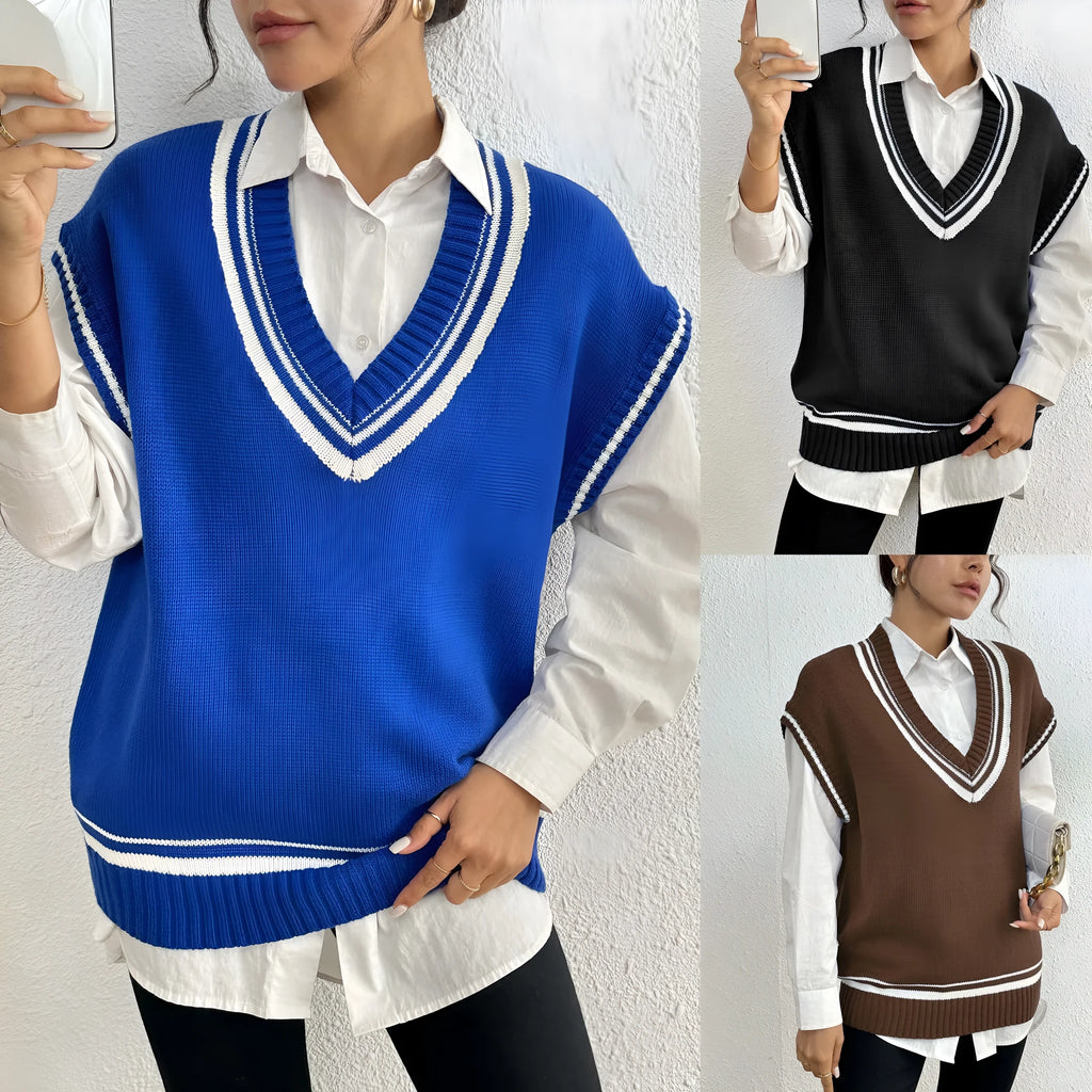 Women's college style vest sweater in acrylic polyester blend fabric, loose fit, available in black blue coffee colours