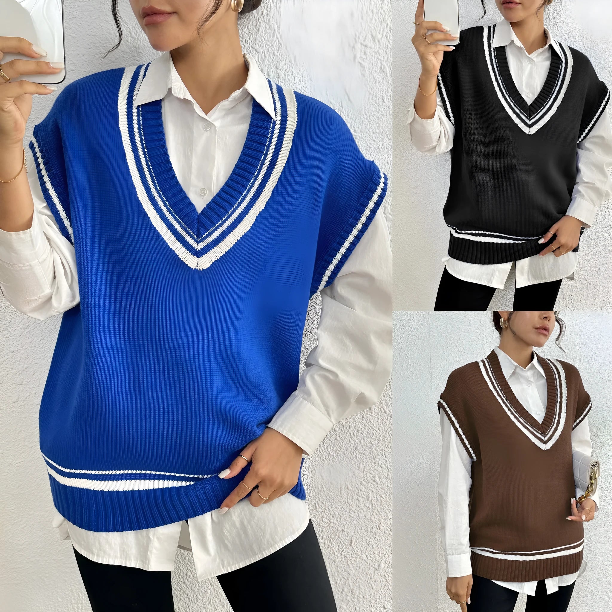 Women's college style vest sweater in acrylic polyester blend fabric, loose fit, available in black blue coffee colours
