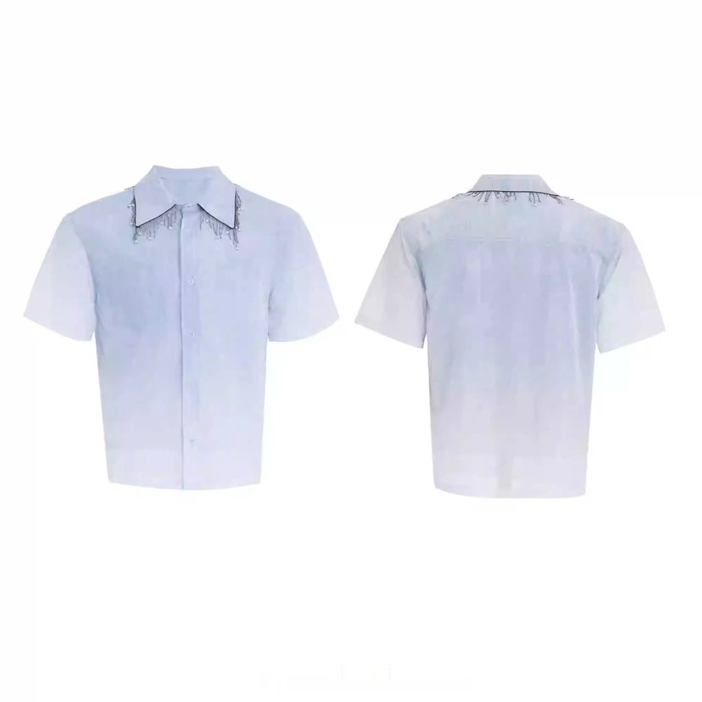 Blue and white gradient colour block men's loose fit short sleeve shirt