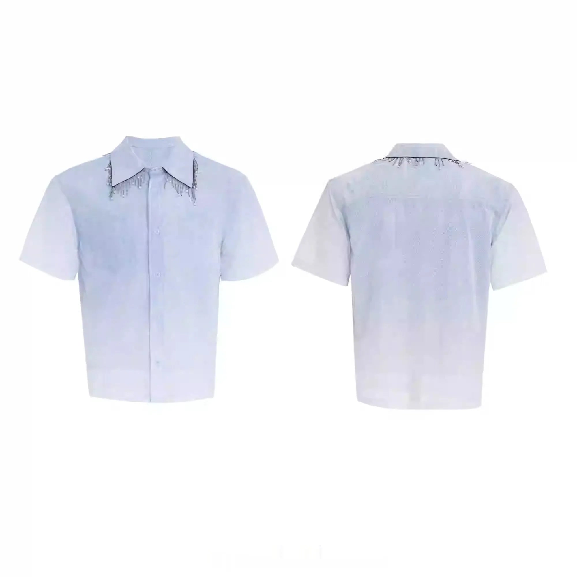 Blue and white gradient colour block men's loose fit short sleeve shirt