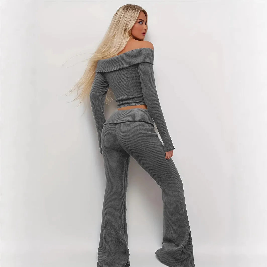 Women's solid gray off-shoulder knitted polyester long sleeve top and flared pants set