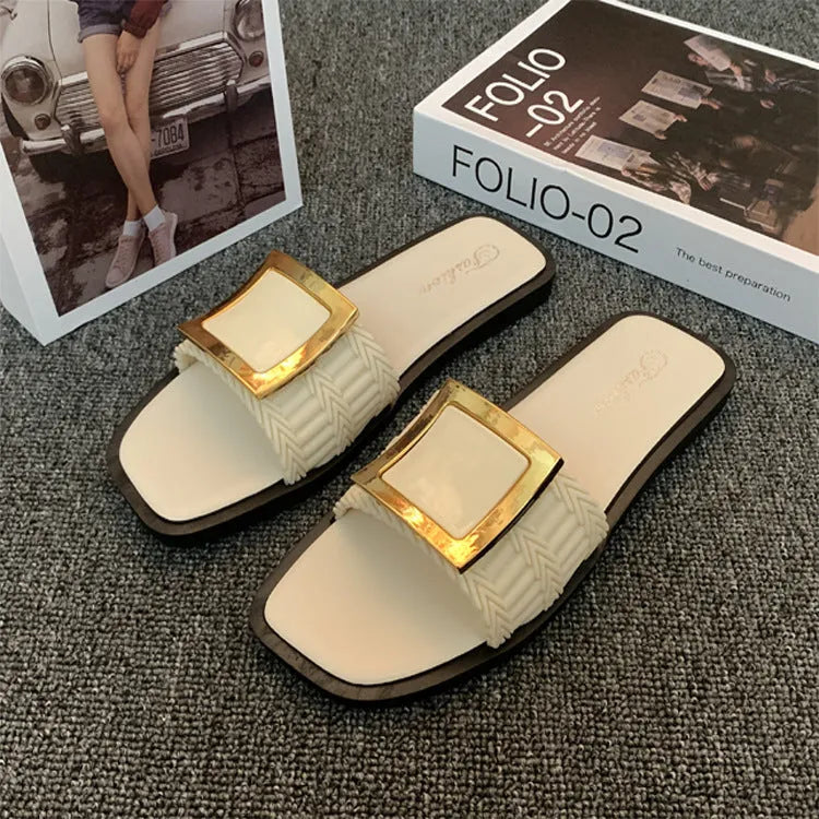 Women's flat summer slippers in apricot colour with a non-slip PVC sole.